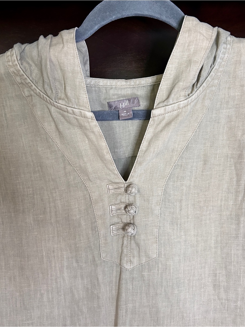 J. JILL 100% Linen Sleeveless Shift Dress Relaxed Hooded Travel Casual Khaki | M - Picture 4 of 9